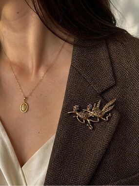 Vintage Bird Brooch Gold Tone Pheasant Quail Red Eyes Figural Pin